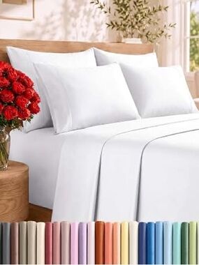 Jollyvogue Full Size Sheet Set White 6 Piece Bedding Flat Fitted 4 Pillowcases
